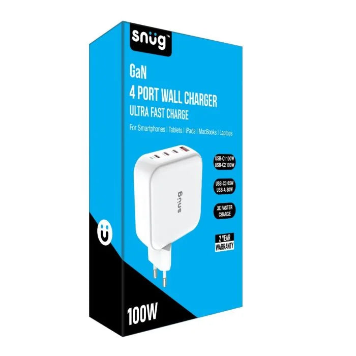 Snug 4 Port GaN 100W PD Wall Charger - White